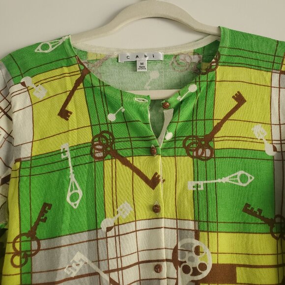 Cabi Printed Cardigan Sweater Medium Green Yellow Preppy Twee Novelty Vintage - Picture 2 of 9